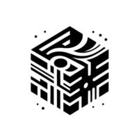 Isometric Black and White Geometric Cube with Organic and Abstract Patterns and Dot Elements on a White Background. vector