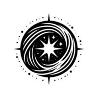 Stylized Black and White Celestial Illustration Galaxy swirl within a compass rose with stars and decorative dots. vector