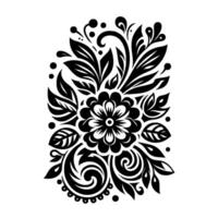 Bold Black and White Floral with Intricate Leaves, Swirls, Dots, and Symmetrical Composition on White Background vector