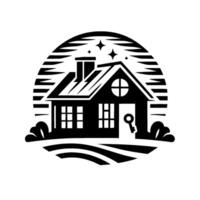 Silhouette of a cozy house with a key, encircled by stylized sun rays and stars, suggesting home and security, minimalist and bold. vector
