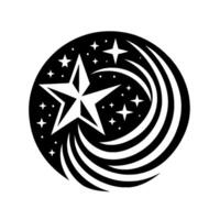 A dynamic black and white circular emblem featuring a central large star emitting a cometlike trail of curved lines and surrounding scattered smaller stars. vector