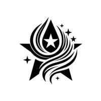 Abstract Black and White Starburst Featuring Central Star, Fluid Swirls, and Surrounding Stars on White Background. vector