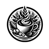 Elegant black and white illustration of a coffee cup with swirling steam, coffee beans, and botanical elements, presented within a circular frame. vector
