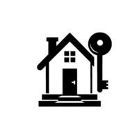 Stylized Real Estate Black and White Illustration of a House with a Large Key, Symbolizing Homeownership and Property Access. vector