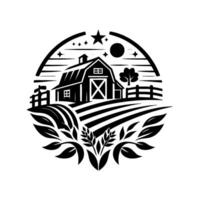 Rural Farm Scene Black and White Circular of a Barn, Fields, Fence, and Foliage under a Starry Sky. vector