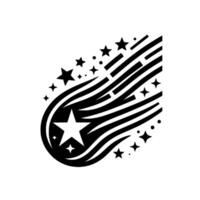 Bold Black and White Illustration of a Comet with Starry Trail and Stars, Minimalist vector