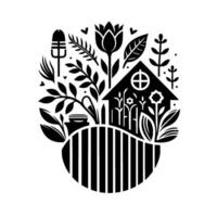 A whimsical black and white illustration of a stylized cottage garden enclosed by a fence, with flora and fauna. vector