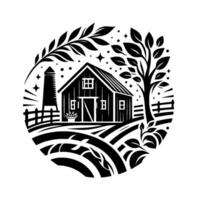Stylized Black White Farm Scene Barn, Silo, Tree, Fields, Fence, and Foliage in a Rounded Frame with Decorative Elements. vector