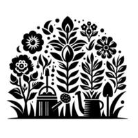 Stylized Garden Illustration A symmetrical black and white featuring flowers, tools, and foliage arranged in a circular shape, reminiscent of a folk art aesthetic. vector