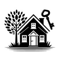 Monochrome Illustration of a House with a Key and Tree Represents Homeownership, Real Estate, and Security. vector
