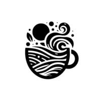 Artistic black and white illustration of a steaming coffee cup, featuring swirling steam, dots, and decorative patterns. vector