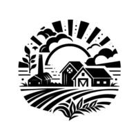 Minimalist Illustration of Farmstead Scene with Barns, Fields, Rainbow, Smoke, Sunburst in Circular Composition. vector