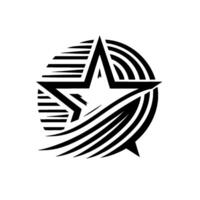 Black and white star , a bold fivepointed star encompassed by concentric lines and a speech bubblelike swoop, on a white background. vector