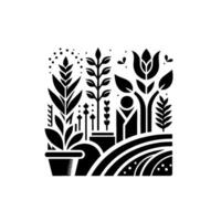 Black and White Stylized Garden Scene with Varied Plants, Pots, and Fields, Illustrating Nature and Agricultural Themes. vector