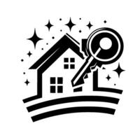 Black and white illustration of a house and key with sparkle details, representing real estate or home ownership and security, set on a plain white background. vector