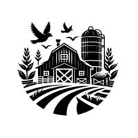 Black and white farm silhouette , featuring a barn, silo, field, birds, wheat, and rural landscape within a circular emblem. vector