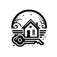 Black and white minimalist real estate , featuring house and key within a circular frame, conveying security, home, and ownership. vector