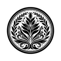 Elegant Black and White Circular Floral Motif with Detailed Leaf and Scrollwork Within Dotted Border, Isolated on White. vector