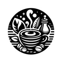 Intricate Black and White Coffee Art Circular Featuring Steaming Cup, Leaves, and Stars. vector