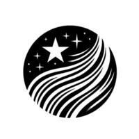 Circular Black and White Featuring a FivePointed Star, Shimmering Stars, and Flowing Swirls, Representing Cosmic Energy and Elegance. vector