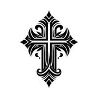 Ornate Black Cross Intricate Floral and Curvilinear Elements on a White Backdrop. vector