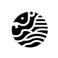 Black and white minimalist circular featuring a fish leaping out of stylized ocean waves. vector