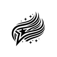 Abstract black and white of a star within a stylized winglike shape with orbiting star details, isolated on white. vector
