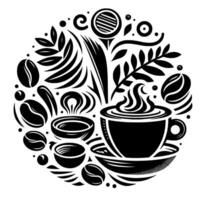 Artistic Black and White Coffee Composition Cup, Beans, Leaves, and Swirls in a Circular . vector