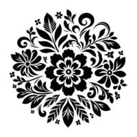 Circular Black Floral Ornament Featuring Intricate Flower, Leaf, and Swirl Elements on a White Background. vector