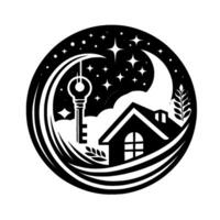 Monochromatic, circular featuring a house under a night sky with a key, moon, stars, and nature elements, representing home and dreams. vector
