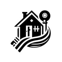 A stylized black and white house with a key and flowing ribbon , symbolizing home ownership. vector