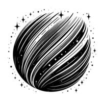 Abstract black and white art depicting a cosmic sphere with swirling lines, stars, and a celestial, minimalist style. vector