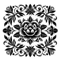 Symmetrical Black and White Floral Illustration Featuring a Central Rose and Intricate Leafy Patterns on a White Background. vector