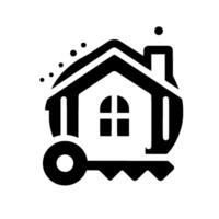 Minimalist Black and White Real Estate House Silhouette with Key, Set on a Circular Background, Representing Home Ownership vector
