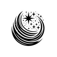Abstract Black and White Celestial Featuring a Central Star Bursting Through Crescent Trails, Sparkling Against a Blank White Background. vector
