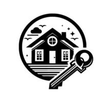 Black and White Home in a Circle with Key, Birds, and Cloud, Representing Real Estate and Ownership. vector