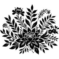 Elegant Black and White Floral Detailed illustration features stylized lotus flowers, leaves, and decorative elements, creating a symmetrical and intricate composition on a white background. vector