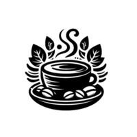 Black and white stylized coffee cup illustration with steam, beans, and leaflike designs on a white background, evoking a warm, inviting atmosphere. vector