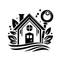 Black and White House with Key and Foliage Minimalist for real estate, home, and property concepts. vector