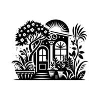 Black and white illustration of a quaint home with floral tree and garden, creating a whimsical and charming garden aesthetic. vector