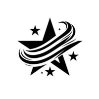 Black and white star with flowing element and smaller stars, creating a sense of motion, elegance and dynamism. vector