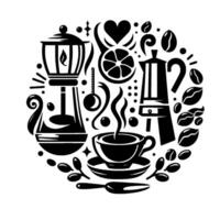 A symmetrical monochrome illustration showcasing coffeemaking equipment, coffee beans, and a heart, arranged in a circular pattern. vector