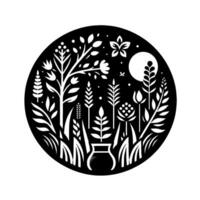 Black and white circular illustration of stylized flora, including flowers, foliage, and a full moon, with a vase in the center. vector
