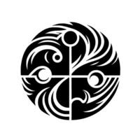 Symmetrical Black and White Circular Geometric with Interlocking Shapes, Embellishments, and Abstract Floral Elements on a White Background. vector