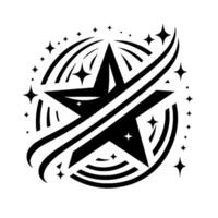Bold Black and White Starburst with a Central Star, Circular Elements, and Dynamic Lines. vector