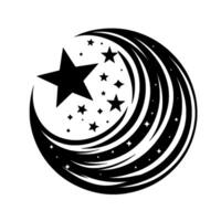 Black and white star , a crescent shape is formed with curving lines of stars against white, creating a sense of cosmic dynamism. vector
