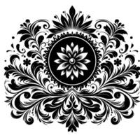 Intricate Black and White Floral Crest with a Central Circular Flower Motif and Decorative Flourishes. vector