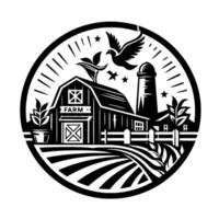Black and White Farmhouse Emblem with Silo, Dove, Stars, and Field Inside Circular , Symbolizing Country Life. vector