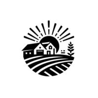 A stylized black and white circular emblem featuring a farm house, sun, fields, and wheat, representing rural harmony and agriculture. vector