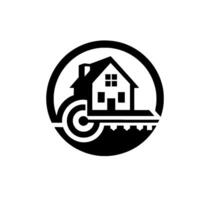 Monochromatic House and Key within a Circle Represents Home Ownership, Real Estate, Security, and Property Access. vector
